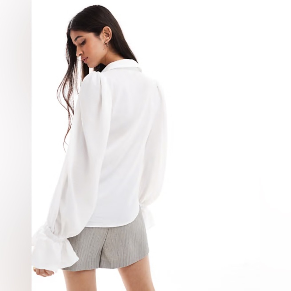 ASOS DESIGN volume sleeved soft shirt with ruffle cuffs in ivory
